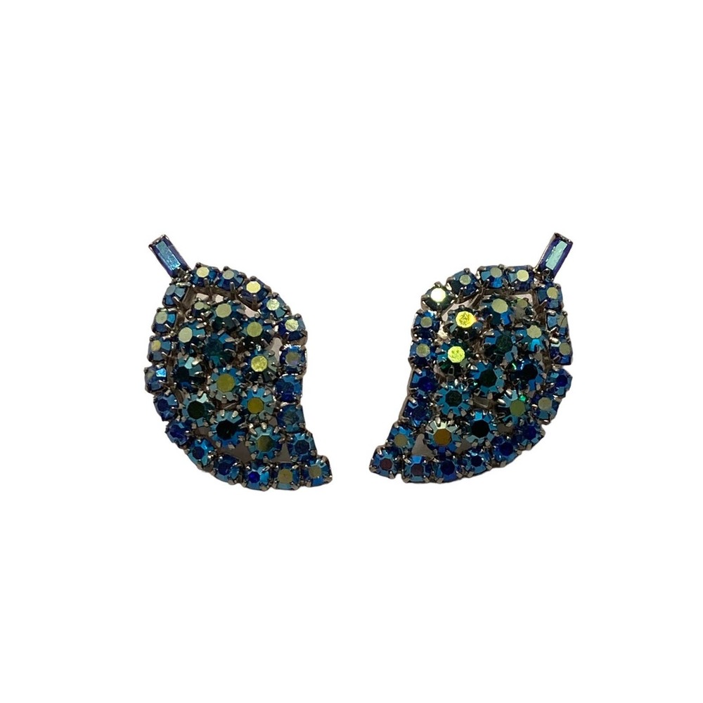 Vintage Blue AB Rhinestone Leaf Clip On Earrings